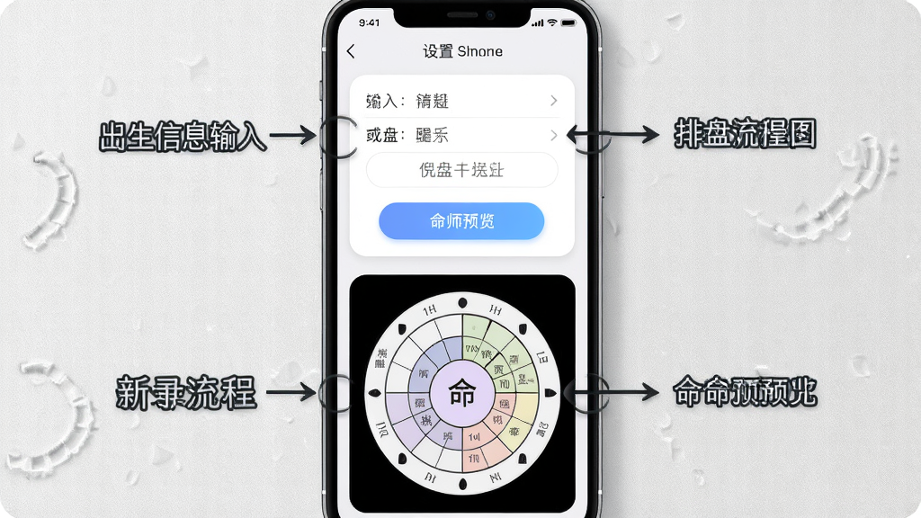 倪师排盘新手操作示意图,画面展示手机屏幕内设置界面与排盘流程步骤标注,顶部为出生信息输入框底部为命盘预览,背景为浅灰质感风格,布局上下结构清晰,细节上按钮圆润、文字标注醒目,画质高清,干净,无多余元素