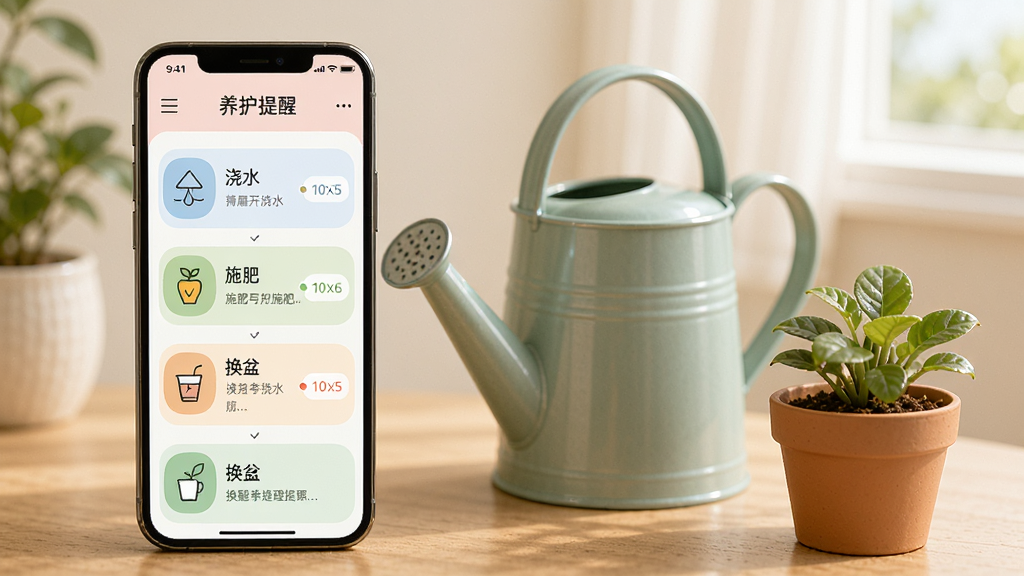 美丽花App养护提醒界面,手机屏幕显示浇水、施肥、换盆的日程列表和通知提醒。手机旁边放着浇水壶和小盆栽。布局采用左右结构,左侧手机,右侧浇水壶。风格温馨居家,细节上日程图标清晰,颜色柔和。画质高清,干净,无多余元素。