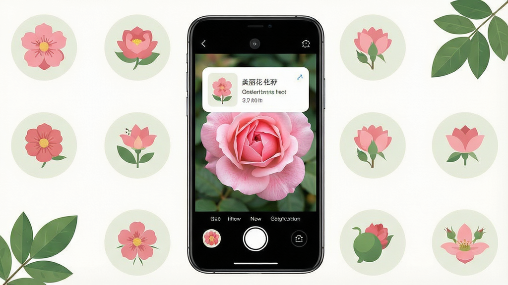 一张展示美丽花App核心功能的手机界面合成图。画面中央是一部竖屏手机,屏幕显示美丽花拍照识别界面,镜头正对着一朵盛开的粉色月季花,识别结果卡片显示花卉名称和养护信息。手机周围环绕着各种花卉图标和植物叶片装饰。布局居中,排版简洁。风格为清新自然、扁平化设计。细节上花瓣纹理清晰,界面按钮圆润,色彩柔和。画质高清,干净,无多余元素。