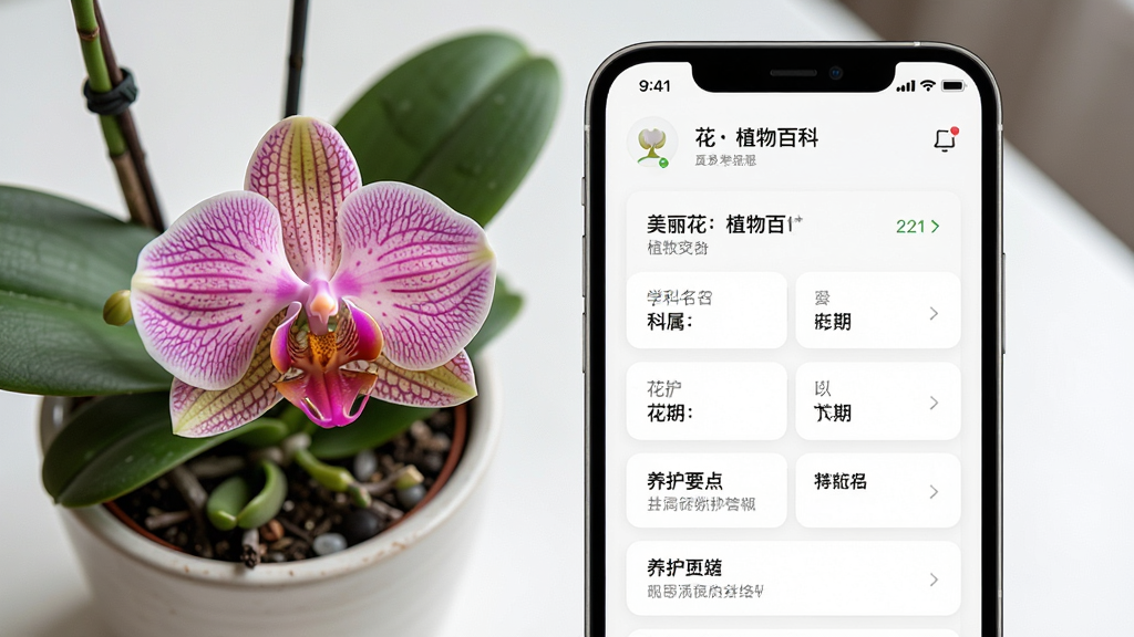 美丽花App植物百科页面展示,手机屏幕显示一朵兰花的详细资料,包括学名、科属、花期、养护要点等信息卡片。手机旁摆放着一盆真实的兰花盆栽。布局居中,排版上下结构。风格简约现代,细节上界面排版整齐,文字清晰,兰花花瓣纹理细腻。画质高清,干净,无多余元素。