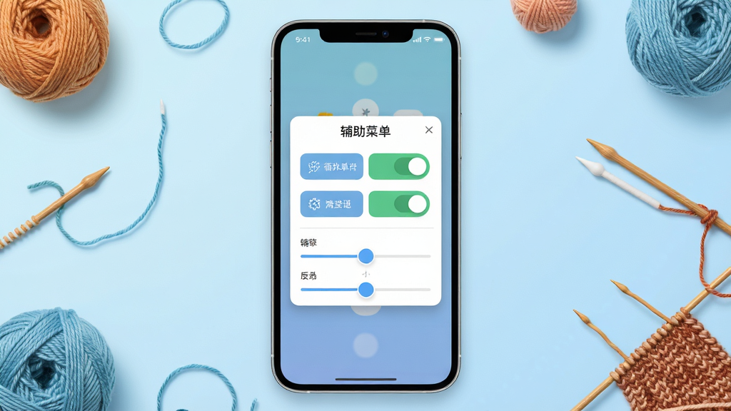一张展示毛线循环(辅助菜单)软件界面的完整全貌图,画面中央为手机屏幕,屏幕内显示毛线循环(辅助菜单)的悬浮窗面板,面板上有多个功能开关按钮和滑块,背景为淡蓝色渐变,手机周围环绕少量毛线球与编织针元素点缀,整体布局居中对称,排版简洁清晰,风格为扁平化科技风,细节包括面板上的图标、文字标签、开关状态指示,画质高清,画面干净,无多余元素