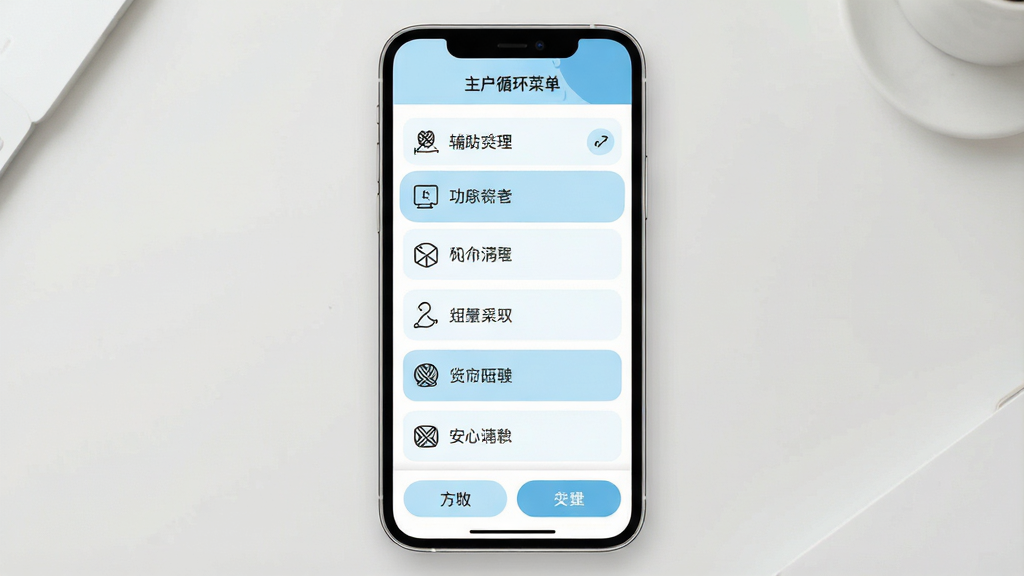 一张展示毛线循环(辅助菜单)整体用户界面的图片,画面中央为手机屏幕,屏幕内显示软件主界面,界面分为顶部标题栏、中部功能列表区、底部操作按钮区,功能列表区内有多个图标与文字条目,背景为白色与浅蓝色搭配,整体布局为纵向排列,排版清晰,风格为现代简约风,细节包括图标线条、文字字体、按钮圆角、分区色块,画质高清,画面干净,无多余元素