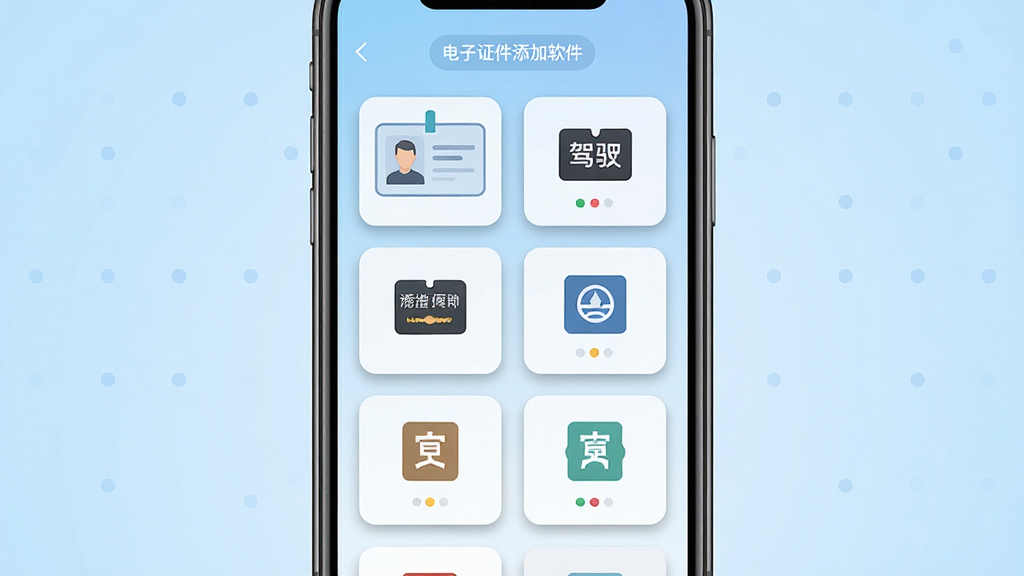 手机屏幕中央展示电子证件添加查软件界面,主体为一部竖屏智能手机,屏幕内呈现证件卡片列表布局,包含身份证、驾驶证等图标卡片,背景为浅蓝色渐变,排版清晰整齐,风格为扁平化UI设计,细节包含圆角卡片、柔和阴影、简洁图标,画质高清干净无多余元素