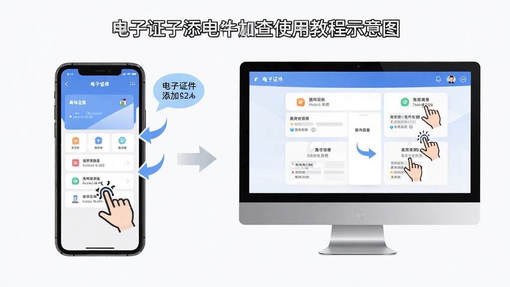 电子证件添加查使用教程示意图,画面为手机与电脑双设备并排展示,主体为两部设备屏幕分别显示软件界面,布局为左右对比结构,风格为简洁教程风,细节包含步骤箭头、提示气泡、操作手势图标,画质高清干净无多余元素