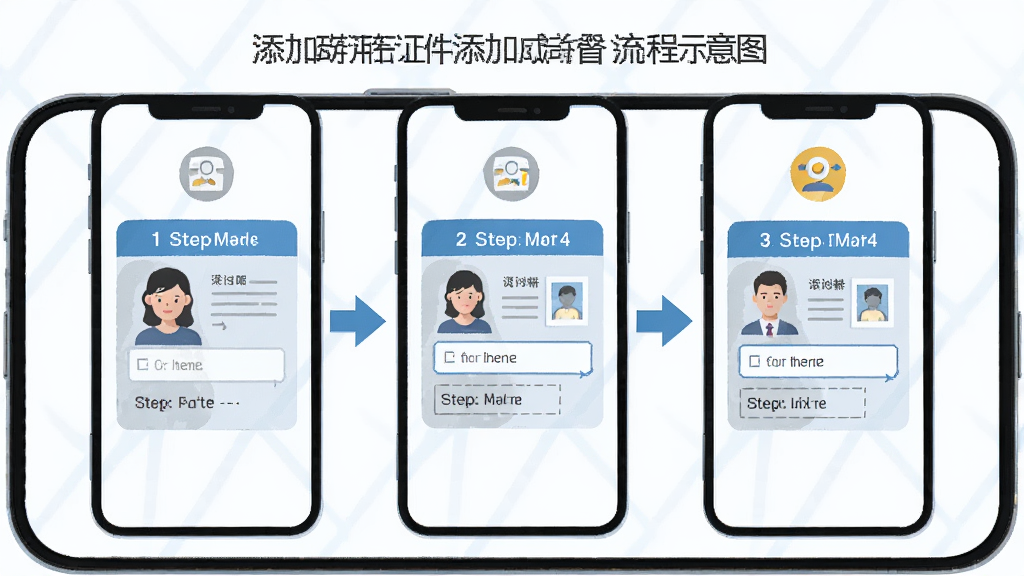 电子证件添加查操作流程示意图,画面为手机屏幕分步骤展示添加证件的过程,主体为三步骤流程图,布局为横向排列,风格为扁平化教学风,细节包含步骤编号、箭头引导、填写框示意,画质高清干净无多余元素
