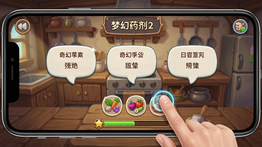 梦幻药剂2奇幻烹饪冒险游戏操作界面截图,展示手机横屏游玩画面,画面中有多个订单气泡、食材图标和进度条,手指正在点击屏幕,背景为游戏内的厨房场景,画质清晰,干净无多余元素