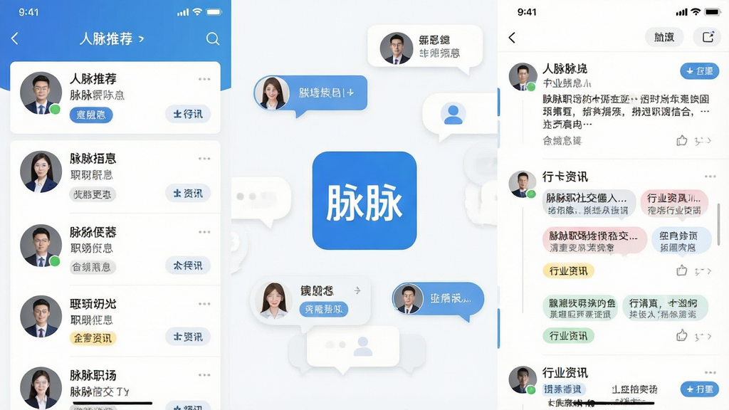 一张展示脉脉职场社交平台核心界面的手机应用截图,画面中央是脉脉的经典蓝色Logo,周围环绕着职场人士头像气泡、招聘信息卡片与行业资讯标签,布局采用左右分栏排版,左侧显示人脉推荐列表,右侧展示动态信息流,整体风格为现代扁平化商务风,细节包含清晰的头像、职位标签与互动按钮,画质高清,画面干净,无多余元素