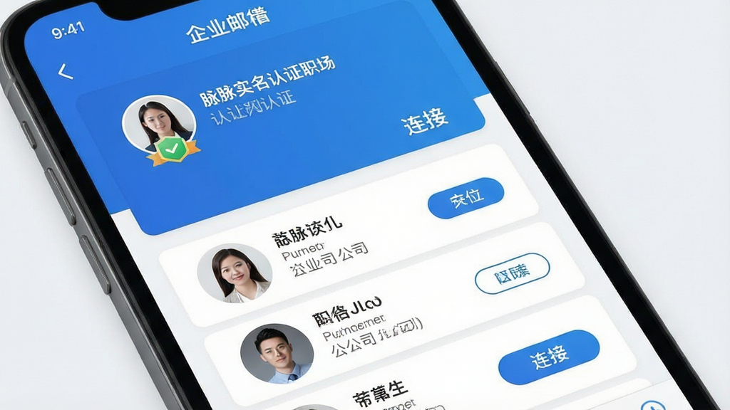 一张展示脉脉实名认证职场人脉功能的界面截图,画面主体为手机屏幕,屏幕上显示一位用户通过企业邮箱完成认证后,系统推荐了多位同行业联系人,布局采用卡片式列表,每个联系人卡片包含头像、姓名、职位与公司信息,风格为简洁明快的商务蓝调,细节包含认证徽章与连接按钮,画质清晰,画面干净,无多余元素