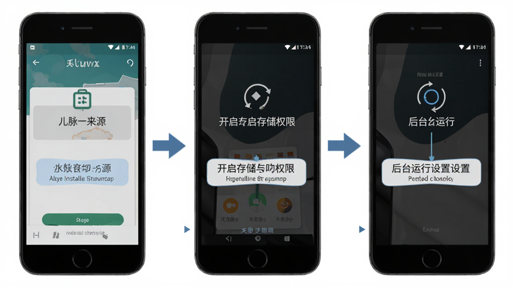 一张展示脉脉新手安装与权限设置步骤的示意图,画面分为三个并排的手机屏幕,分别显示允许安装未知来源、开启存储权限与后台运行设置,布局为横向排列,风格为教程图解风,细节包含箭头指引与文字标注,画质清晰,画面干净,无多余元素