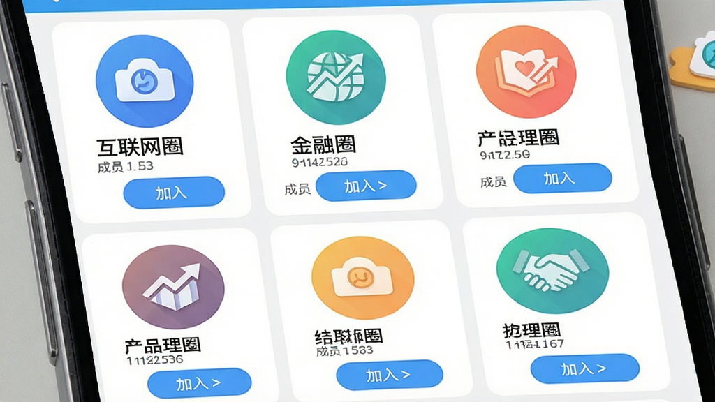 一张展示脉脉行业圈子与兴趣小组功能的界面截图,画面中手机屏幕显示多个圈子入口,如“互联网圈”“金融圈”“产品经理圈”等,布局为网格状排列,风格为活泼的社区风格,细节包含圈子图标、成员数量与加入按钮,画质高清,画面干净,无多余元素