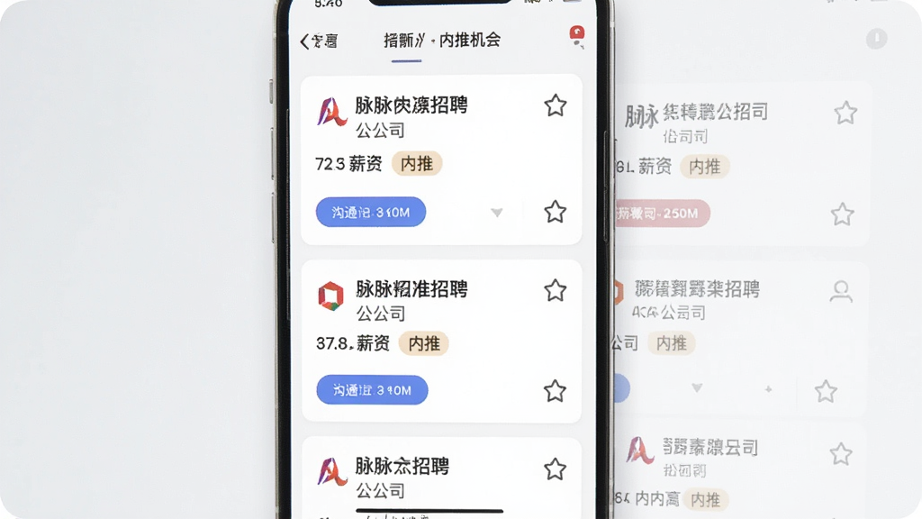 一张展示脉脉精准招聘与内推机会功能的界面截图,画面主体为手机屏幕,屏幕上显示多个招聘职位卡片,包含职位名称、公司Logo、薪资范围与内推标签,布局为双列瀑布流,风格为现代招聘平台风,细节包含沟通按钮与收藏图标,画质清晰,画面干净,无多余元素