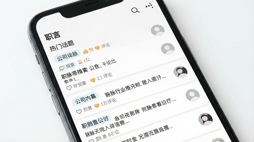 一张展示脉脉行业动态与公司内幕讨论板块的界面截图,画面中手机屏幕显示“职言”热门话题列表,包含多个公司名称与讨论标题,布局为上下滚动式信息流,风格为清爽的资讯阅读风,细节包含话题标签、点赞评论数与匿名头像,画质高清,画面干净,无多余元素