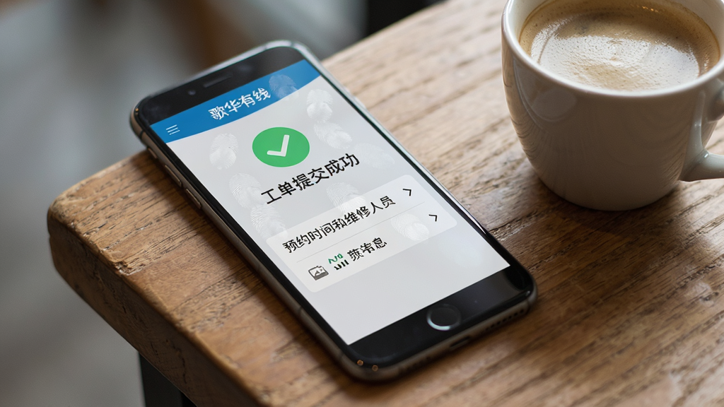 手机屏幕显示“歌华有线”APP报修工单提交成功页面,屏幕上方有绿色对勾图标,下方显示预约时间和维修人员信息,手机放置在一张木质桌面上,旁边有一杯咖啡,布局为斜45度视角,风格为生活化场景,细节上屏幕有轻微指纹痕迹,背景虚化,画质高清,干净无多余元素