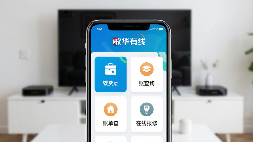 整体场景图,画面中央展示一部智能手机,手机屏幕上清晰显示“歌华有线”APP的主界面,界面包含缴费入口、账单查询、在线报修等图标模块,手机后方是虚化的客厅背景,隐约可见电视和机顶盒,布局采用居中构图,风格为现代简约科技风,细节上手机边框有轻微反光,屏幕色彩明亮清晰,画质为高清4K,干净无多余元素