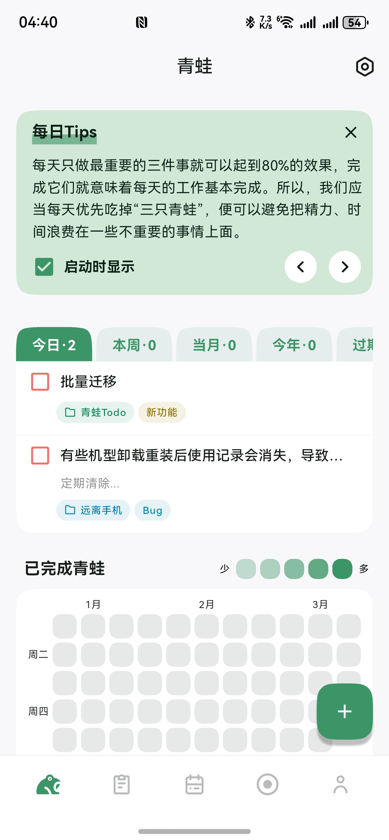 青蛙Todo每日任务完成情况回顾统计页面