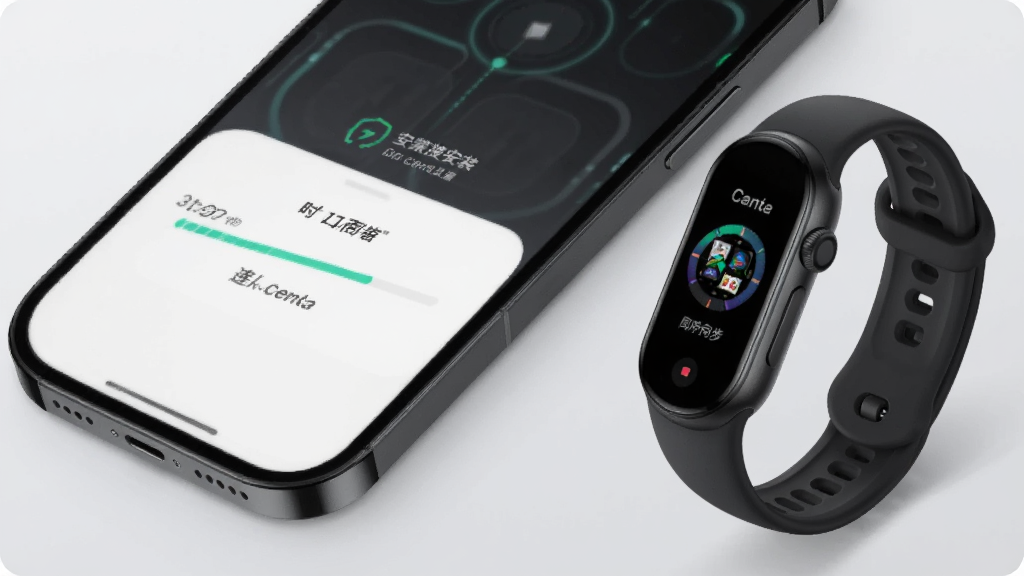 一张展示表盘自定工具向手环推送表盘安装过程的图片,画面中手机屏幕显示推送进度条和已连接设备名称,旁边放置一只智能手环,手环屏幕显示正在同步表盘的动画,背景为柔和的浅灰色,整体风格科技感十足,细节清晰,画质高清,无多余元素。