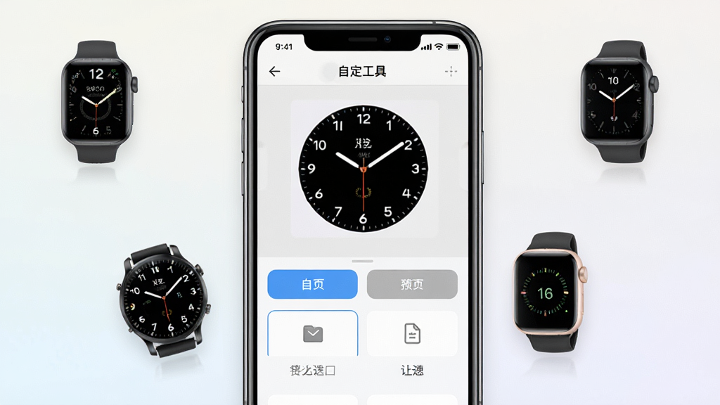 一张展示表盘自定工具软件主界面的手机截图风格图片,画面中央放置一部智能手机,屏幕显示表盘自定工具应用界面,界面中包含表盘预览图、自定义按钮和文件导入选项,背景为简洁的浅色渐变,周围漂浮几个不同风格的手环表盘缩略图,整体风格干净清爽,细节清晰,画质高清,无多余元素。