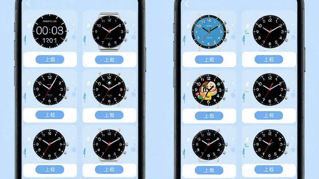 一张展示表盘自定工具海量表盘资源库的界面截图,画面中手机屏幕显示网格状排列的多种表盘预览图,包括数字表盘、指针表盘、卡通表盘等,每个表盘下方带有下载按钮,背景为淡蓝色,整体布局整齐,风格清新,画质清晰,无多余元素。