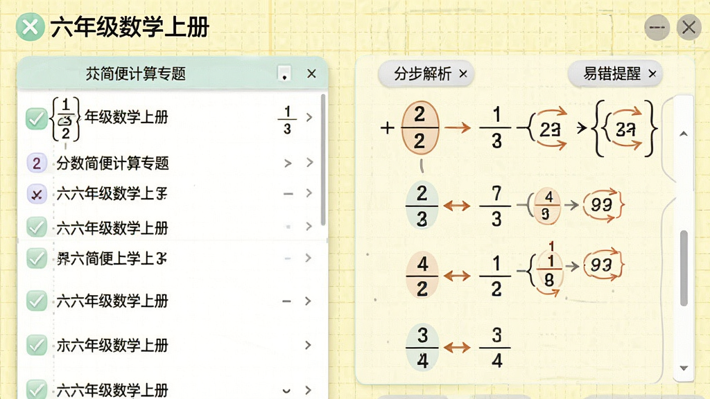 一张横向布局的专项训练界面图,画面中“六年级数学上册”应用显示分数简便计算专题,左侧是题目列表,右侧是分步解析和易错提醒,背景为淡黄色网格纸风格,细节包含分数竖式、约分箭头、括号标注,画质高清,干净,无多余元素