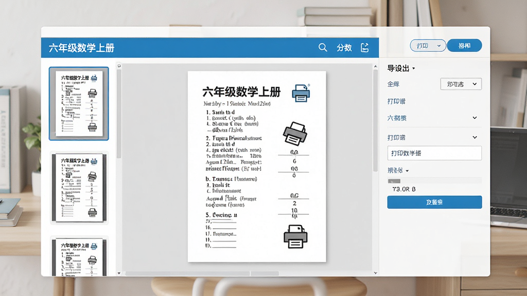 一张横向布局的打印预览场景图,画面中“六年级数学上册”应用显示试卷打印预览界面,左侧是试卷缩略图列表,右侧是打印设置与导出按钮,背景是干净的书房环境,风格简洁办公化,细节包含纸张纹理、打印图标、分数题目,画质高清,干净,无多余元素