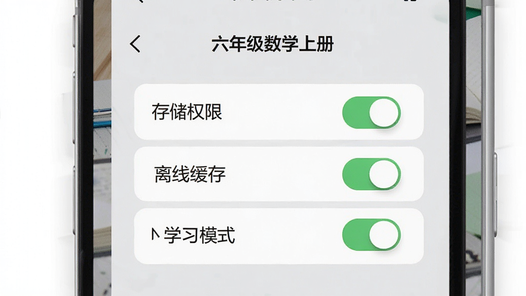 一张竖向构图的操作指引图,画面中“六年级数学上册”应用显示设置界面,包含存储权限、离线缓存、学习模式等开关按钮,背景为浅灰色手机界面,风格简洁实用,细节包含清晰的开关状态和文字标签,画质高清,干净,无多余元素