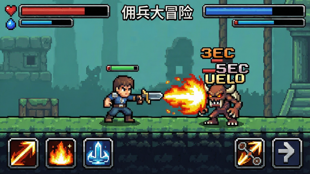 像素风格游戏画面截图,画面主体是“佣兵大冒险”中的战斗场景,一名佣兵角色正在释放技能攻击前方的怪物,布局为上下分栏式,上方显示血条与魔法值,下方为技能按钮,风格为复古像素RPG界面,细节包括像素化的火焰特效、伤害数字飘字、怪物受击动画,画质清晰,干净整洁,无多余元素