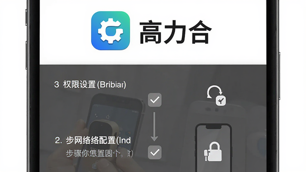 主体为高力合软件在新手手机上的安装引导页面,布局采用上下分步展示,排版上方为软件图标和名称“高力合”,下方为权限设置和网络配置步骤示意,风格为简洁教程风格,细节包含勾选按钮、箭头指引和文字说明,画质高清干净无多余元素