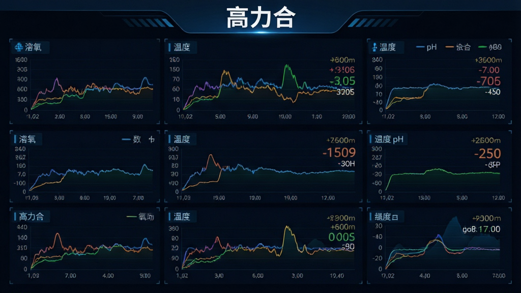 主体为高力合软件的水质监测数据大屏界面,布局采用上下结构上方为标题“高力合”下方为多条彩色数据曲线图,排版整齐清晰,风格为深色科技风,细节包含溶氧、温度、pH数值标签和实时跳动数字,画质高清干净无多余元素