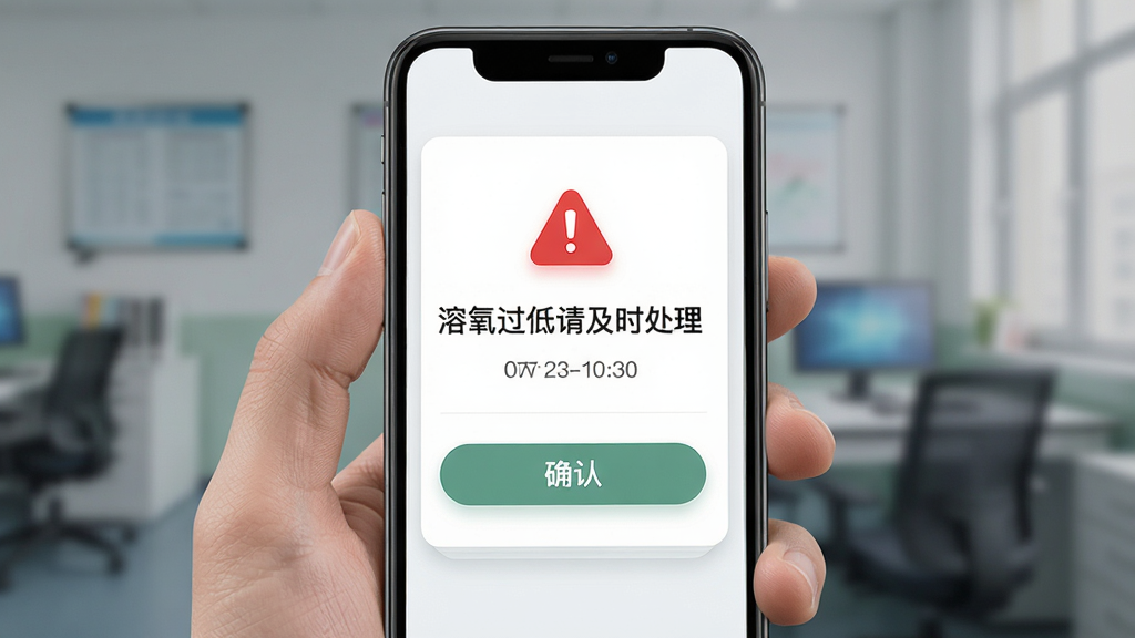 主体为高力合软件的手机报警通知界面,布局采用居中卡片式排版,风格为简洁明快的浅色设计,细节包含红色报警图标、文字“溶氧过低请及时处理”、时间戳和确认按钮,画质高清干净无多余元素