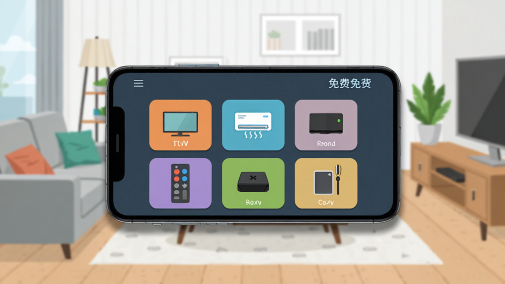 画面中央一部安卓手机横屏展示,手机屏幕内呈现智能遥控(免费)应用主界面,界面中排列着电视、空调、机顶盒等家电遥控图标按钮,手机周围环绕着客厅场景元素,包括沙发、茶几、电视柜和绿植,整体布局采用中心对称构图,排版清晰层次分明,风格为现代简约扁平化设计,细节上手机边缘有轻微阴影,图标色彩鲜明,画质高清,画面干净整洁,无多余杂乱元素。