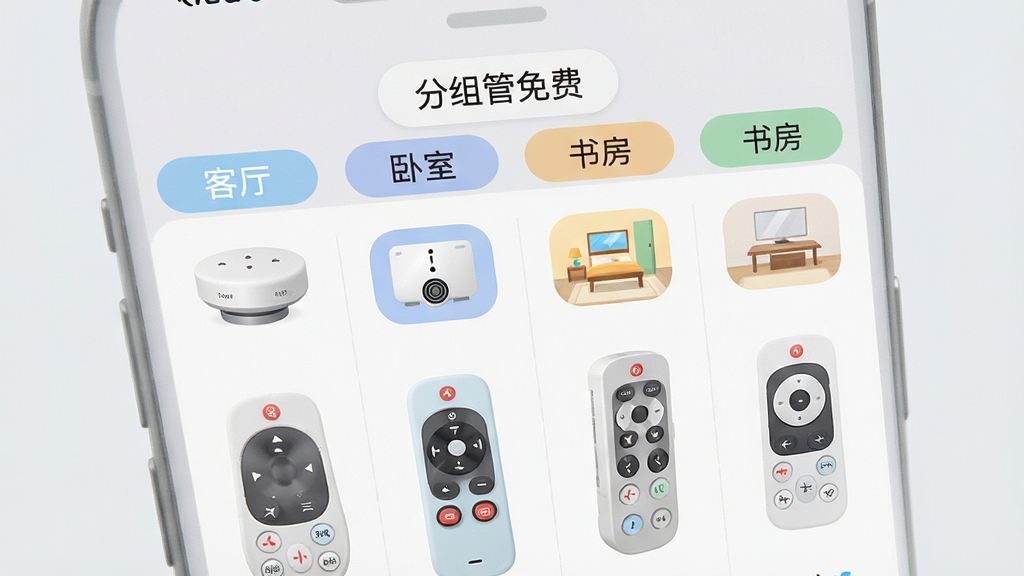 画面展示手机屏幕内智能遥控(免费)的分组管理界面,屏幕上显示客厅、卧室、书房三个分组标签,每个分组下方排列着对应的家电遥控图标,布局采用上下结构,上方为分组标签栏下方为遥控器列表,排版整齐有序,风格为清新浅色系设计,细节处图标圆润可爱,背景为淡灰色,画质清晰,画面干净无多余元素。