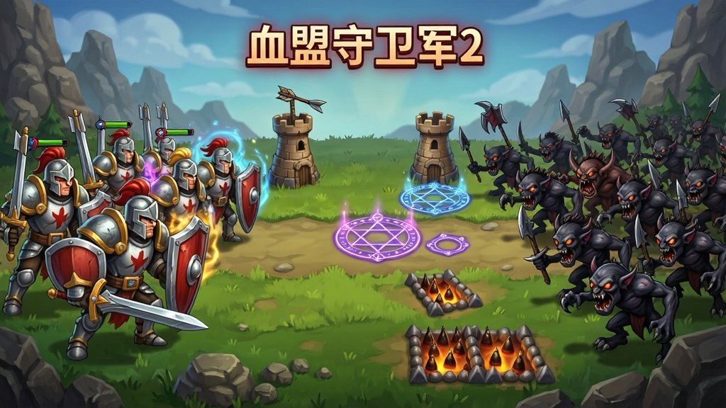 一幅竖版手机游戏宣传图,画面中央是血盟守卫军2的奇幻战场全景,左侧是手持盾牌与长剑的血盟守卫军英雄列阵,右侧是涌来的暗黑怪物大军,中间分布着箭塔、魔法阵与陷阱机关,顶部用发光字体写着“血盟守卫军2”,整体布局上中下层次分明,风格为欧美奇幻卡通渲染,细节包括盔甲纹理、魔法光效、草地与岩石地形,画质清晰干净,无多余元素