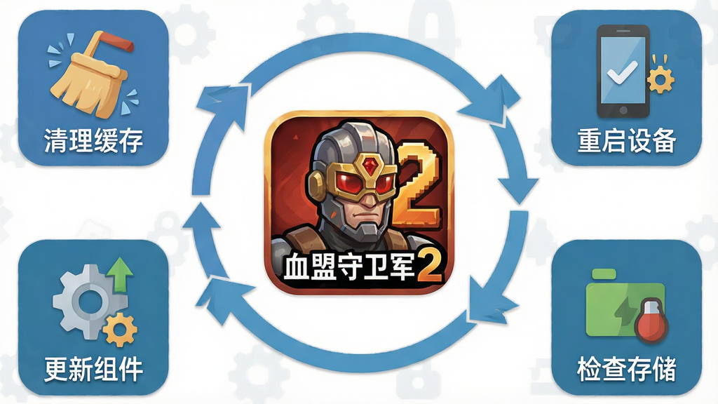 一张手机游戏故障排查流程图,画面以血盟守卫军2游戏图标为中心,四周分布着“清理缓存”“重启设备”“检查存储”“更新组件”四个步骤图标,布局为环形流程图,风格为扁平化信息图,细节包括箭头连接、手机与齿轮图标、简洁文字标注,画质清晰干净,无多余元素