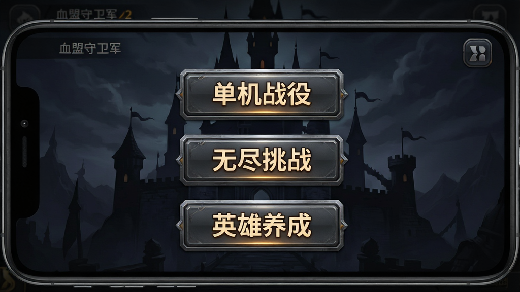 一张手机屏幕界面展示图,画面主体是血盟守卫军2的离线模式选择菜单,屏幕中央有“单机战役”“无尽挑战”“英雄养成”三个大按钮,背景是暗色奇幻城堡剪影,布局简洁居中,风格为游戏UI界面设计,细节包括按钮的金属质感边框与发光文字,画质清晰干净,无多余元素