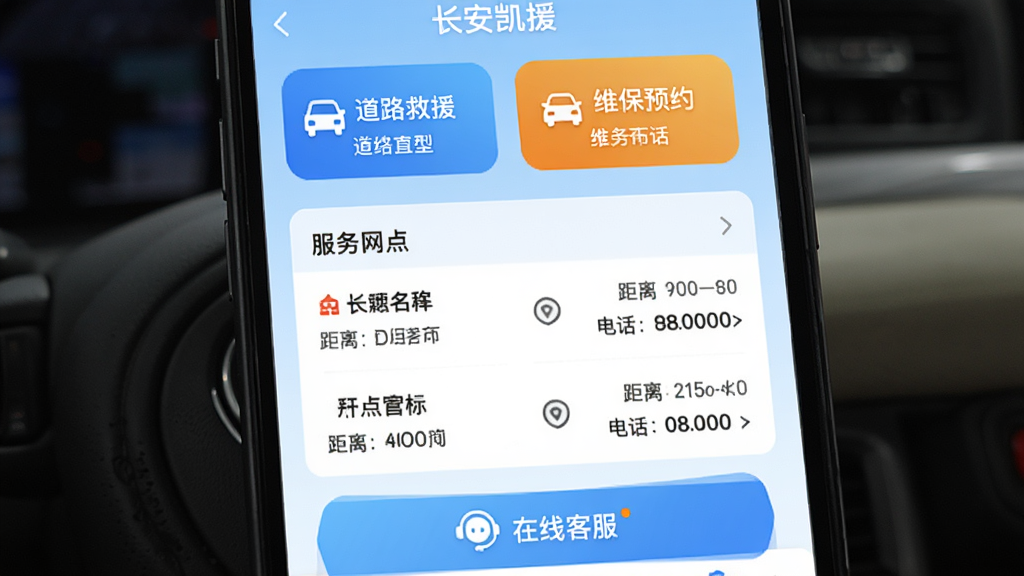 手机屏幕展示长安凯程App服务页面,页面顶部为道路救援与维保预约两个大按钮,中部为服务网点列表,每个网点显示名称、距离与联系电话,底部为在线客服入口,背景为淡蓝色渐变,风格清爽实用,画质清晰,无多余元素