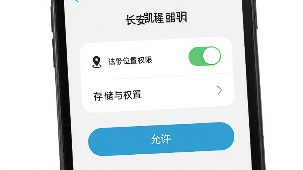手机屏幕展示长安凯程App权限设置引导页,页面中央为位置权限与存储权限两个开关选项,下方有允许按钮,背景为浅色,风格简洁引导型界面,画质清晰,干净,无多余元素