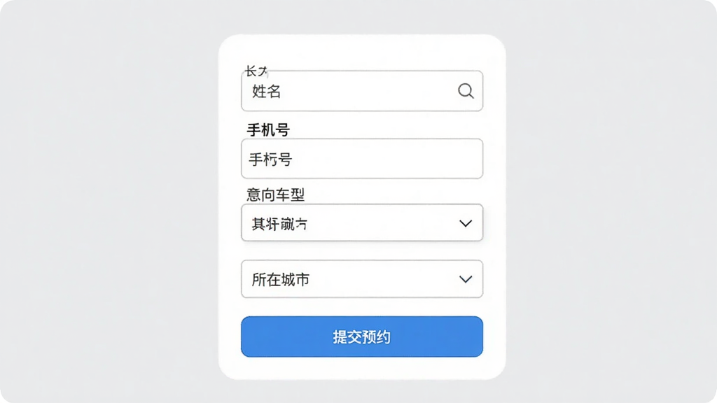 手机界面展示长安凯程App预约试驾表单页,页面包含姓名输入框、手机号输入框、意向车型下拉菜单、所在城市选择器与提交预约按钮,背景为浅灰色,表单卡片为白色圆角矩形,风格简洁商务,画质高清,干净,无多余元素