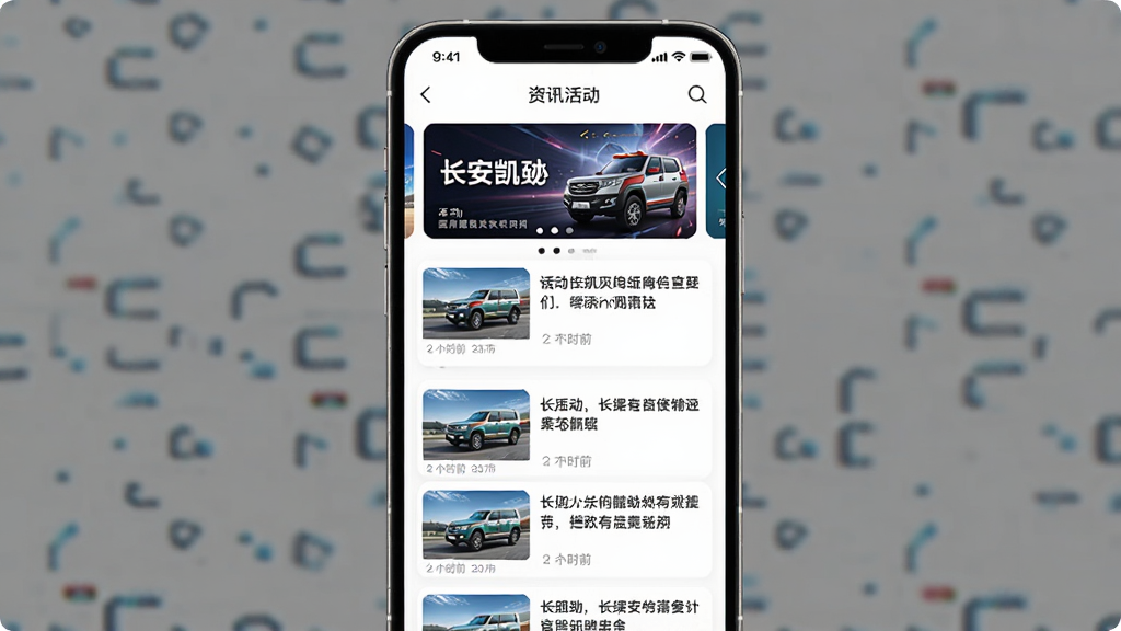 手机界面展示长安凯程App资讯活动页,页面以卡片流形式排列多篇文章,每张卡片包含标题、缩略图与发布时间,顶部有轮播图展示活动海报,背景为白色,风格资讯类应用常见布局,画质高清,干净,无多余元素