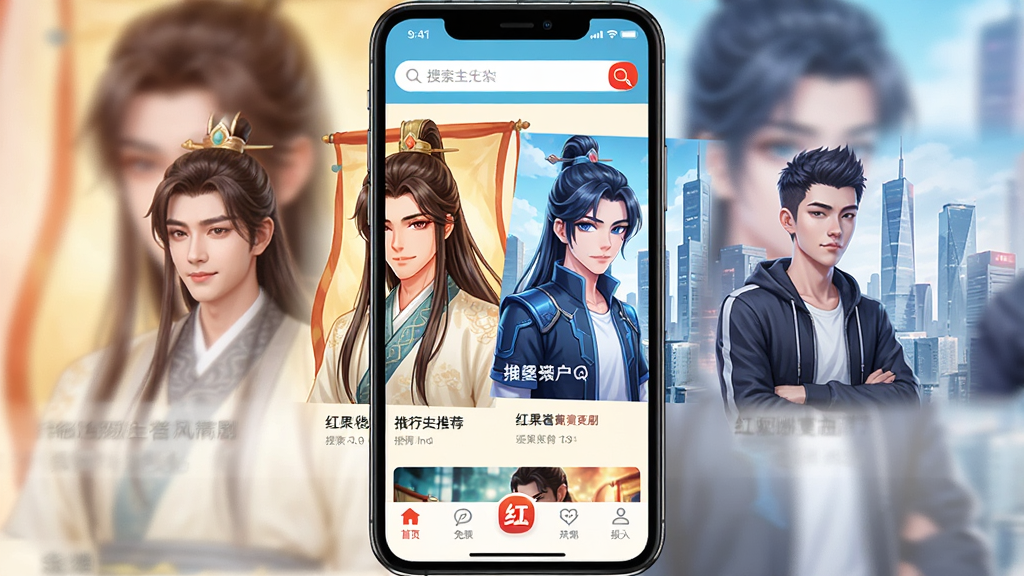 一张手机屏幕展示红果免费漫剧应用主界面,画面中央是色彩鲜艳的漫剧推荐海报,包含古风人物和现代都市角色,顶部有搜索栏,底部有导航菜单,整体布局清晰,风格明亮活泼,画质高清,干净无多余元素