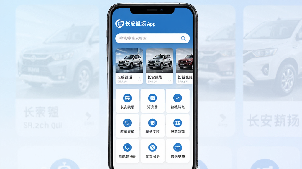 手机屏幕中央展示长安凯程App首页界面,顶部为品牌Logo与搜索栏,中部为车型卡片横向排列,下方为服务功能图标九宫格,背景为浅色渐变,整体采用蓝色与白色配色,风格简洁现代商务,细节清晰显示图标与文字排版,画质高清,干净,无多余元素