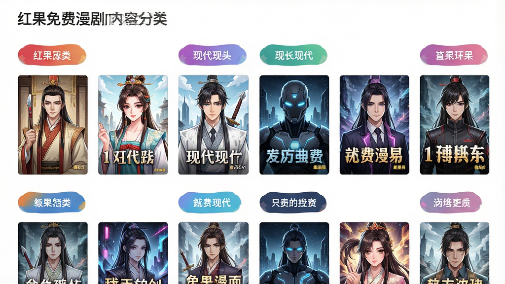 一张展示红果免费漫剧内容分类页面的图片,画面上有多个彩色分类标签,每个标签下排列着不同风格的漫剧封面,包含古装、现代、科幻等元素,布局整齐,风格清新,画质细腻,干净无多余元素