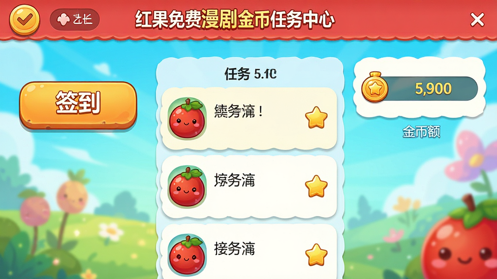 一张红果免费漫剧金币任务中心的截图,画面中展示签到按钮、任务列表和金币余额,背景色彩明亮,图标设计可爱,布局清晰,画质高清,干净无多余元素