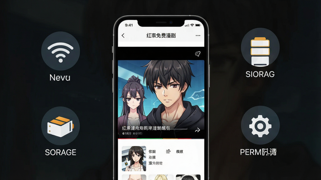 一张展示红果免费漫剧在手机上运行流畅的画面,屏幕中正在播放漫剧,画面清晰,手机周围有简洁的图标表示网络、存储和权限设置,风格现代,画质高清,干净无多余元素