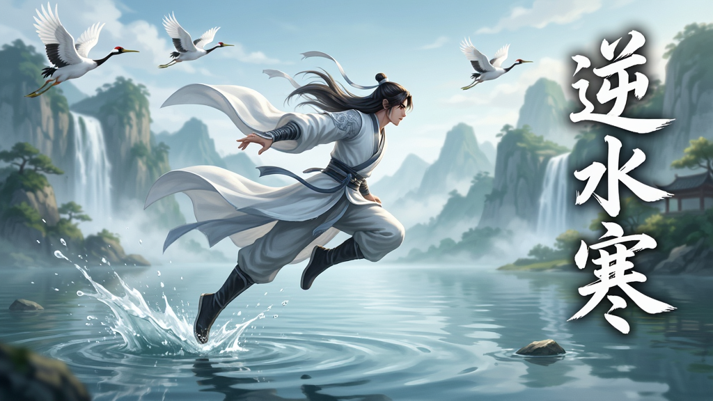 一幅逆水寒手游中的轻功飞行场景图,画面主体是一位身着飘逸白衣的侠客施展轻功掠过湖面,脚下水波荡漾,远处是层峦叠嶂的青山与飞瀑,天空中有白鹤翱翔,画面右侧以竖排书法字体书写