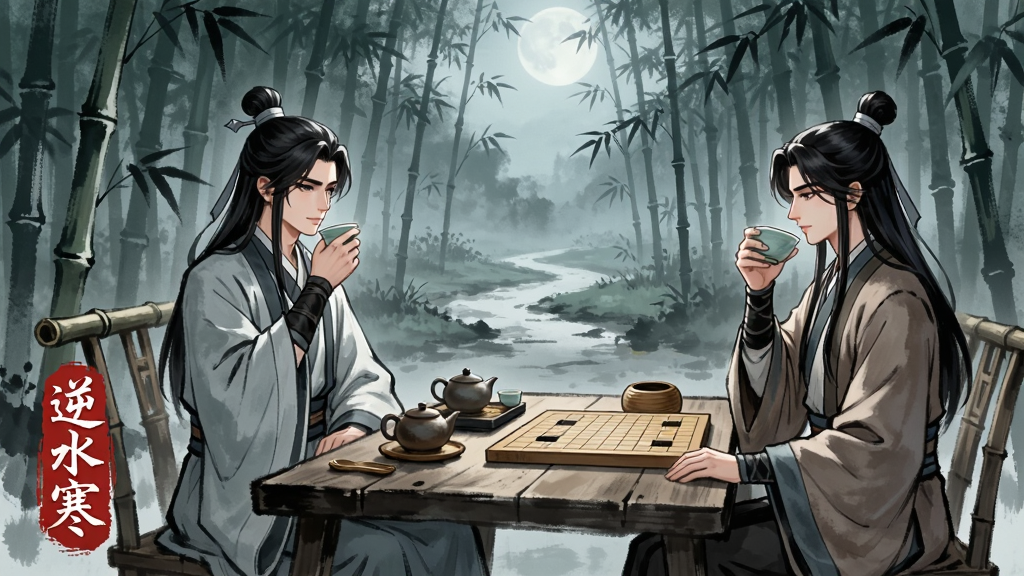 一幅逆水寒手游中的剧情对话场景图,画面中两位古装人物在竹林中对坐饮茶,桌上有茶具与棋局,背景是月光下的竹林小径,画面左下角以印章形式标注