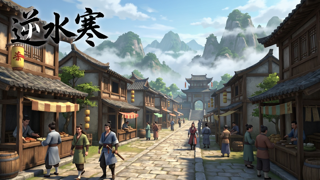 一幅展现逆水寒手游宏大武侠世界的场景图,画面中央是一座繁华的古代城镇,青石板路两侧店铺林立,远处群山叠翠云雾缭绕,近处有身着宋制服饰的侠客与百姓穿梭其间,画面左上角以行书字体书写