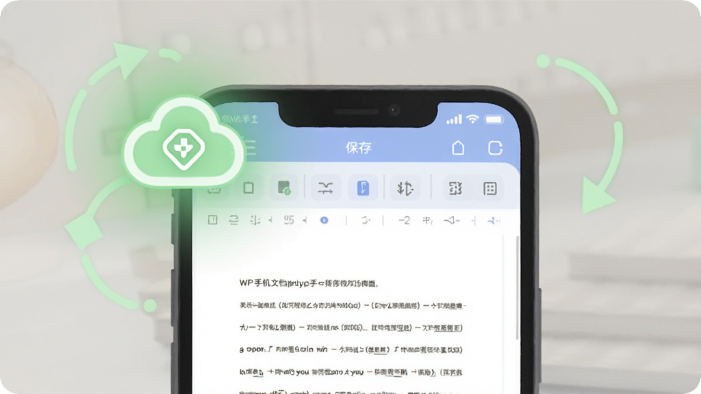 WP手机文档编辑自动保存功能示意图,手机屏幕显示文档编辑界面,角落有云朵形状的保存图标发出柔和的绿光,周围有循环箭头表示自动保存过程,风格为温馨简约的插画风,细节突出安全与可靠感,画质高清,干净无杂乱元素