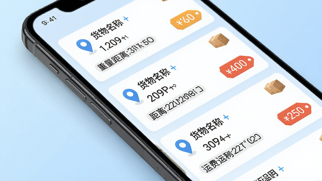 拉货满司机版货源列表界面展示,画面主体为手机屏幕特写,屏幕中呈现多条货源信息卡片,包含货物名称、重量、距离、运费等字段,背景为浅蓝色渐变,布局采用对角线倾斜展示,风格为清新商务风,细节包含定位图标、货物图标、价格标签等,画质高清干净,无多余元素