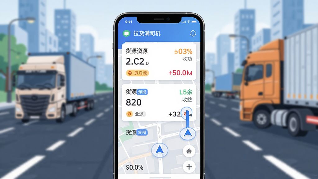拉货满司机版应用主界面展示,画面中央放置一部智能手机,手机屏幕上显示货运订单列表与地图导航界面,背景为城市道路与货车元素,布局采用居中构图,风格为现代扁平化科技风,细节包含订单卡片、货源标签、导航箭头、收益数字等元素,画质清晰干净,无多余元素