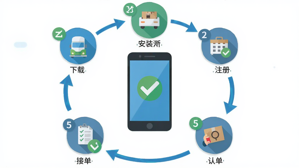 拉货满司机版安装使用流程图,画面以手机屏幕为中心,周围环绕安装步骤图标,包含下载、安装、注册、认证、接单五个环节,布局采用环形流程结构,风格为扁平化信息图风,细节包含箭头连接、步骤编号、手机图标、对勾标记等,画质清晰干净,无多余元素